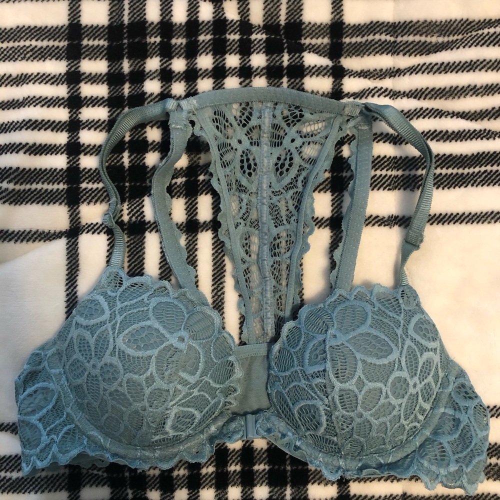 Pink Victoria’s Secret Blue Razorback Lace Bra